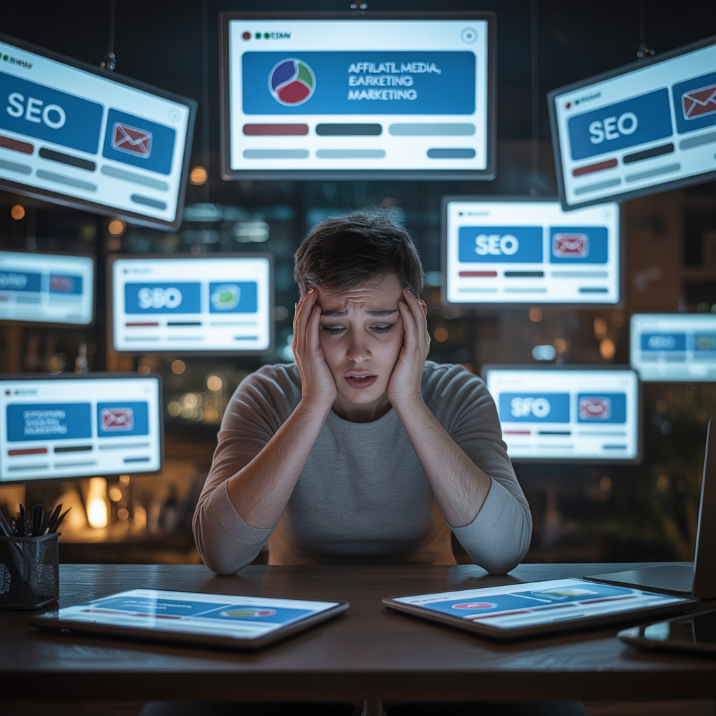 A stressed person sitting at a desk surrounded by floating screens, each showing different affiliate marketing strategies